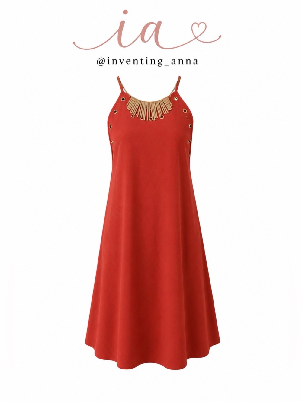 Sleek A-Line Red Spaghetti Strap Dress w/Gold Grommet Details Key-Hole Back